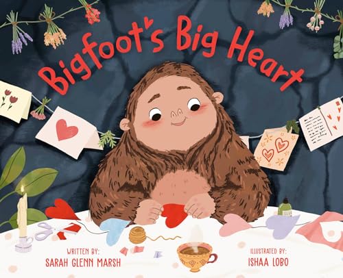 Image for "Bigfoot's Big Heart" - a friendly-looking Bigfoot making paper red, blue, and purple valentines