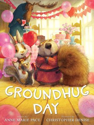 Image for "Groundhug Day" - image of a porcupine hugging a groundhog while a rabbit holds a red balloon and a squirrel holds a red heart - the background is a party