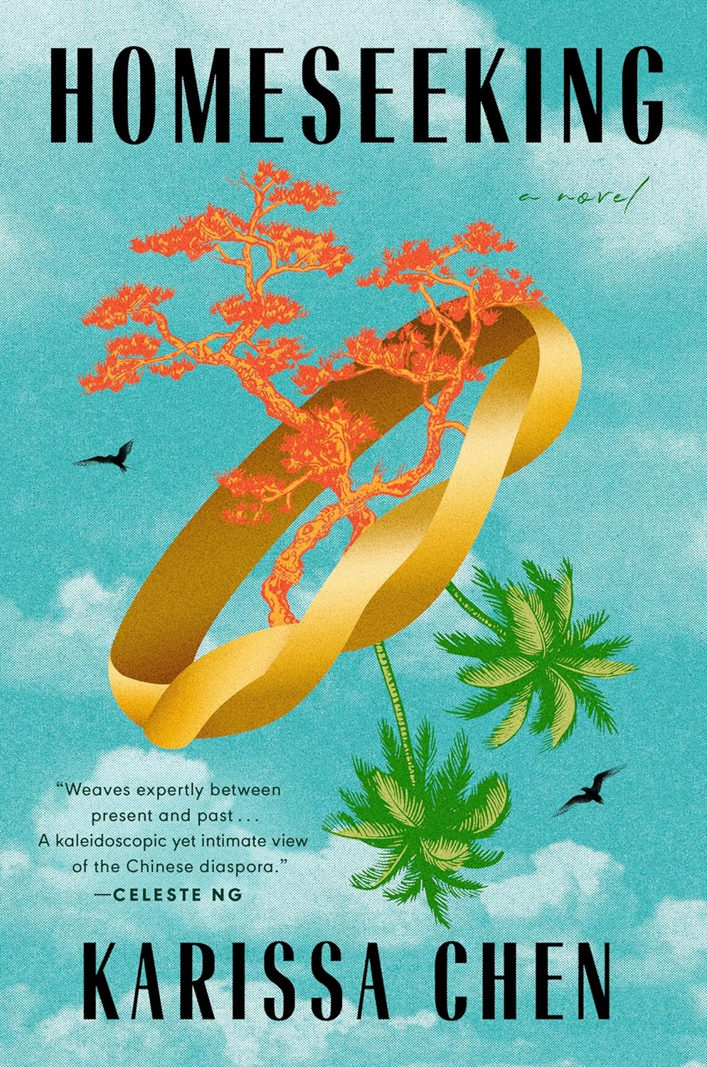 Image for "Homeseeking: A GMA Book Club Pick" - illustration of blue sky with clouds and in the center a gold ring with green plants growing out one end and red plants growing out of the other