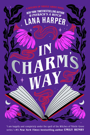 In Charm's Way by Lana Harper - a purple book with an illustration of a red book open with spells coming out