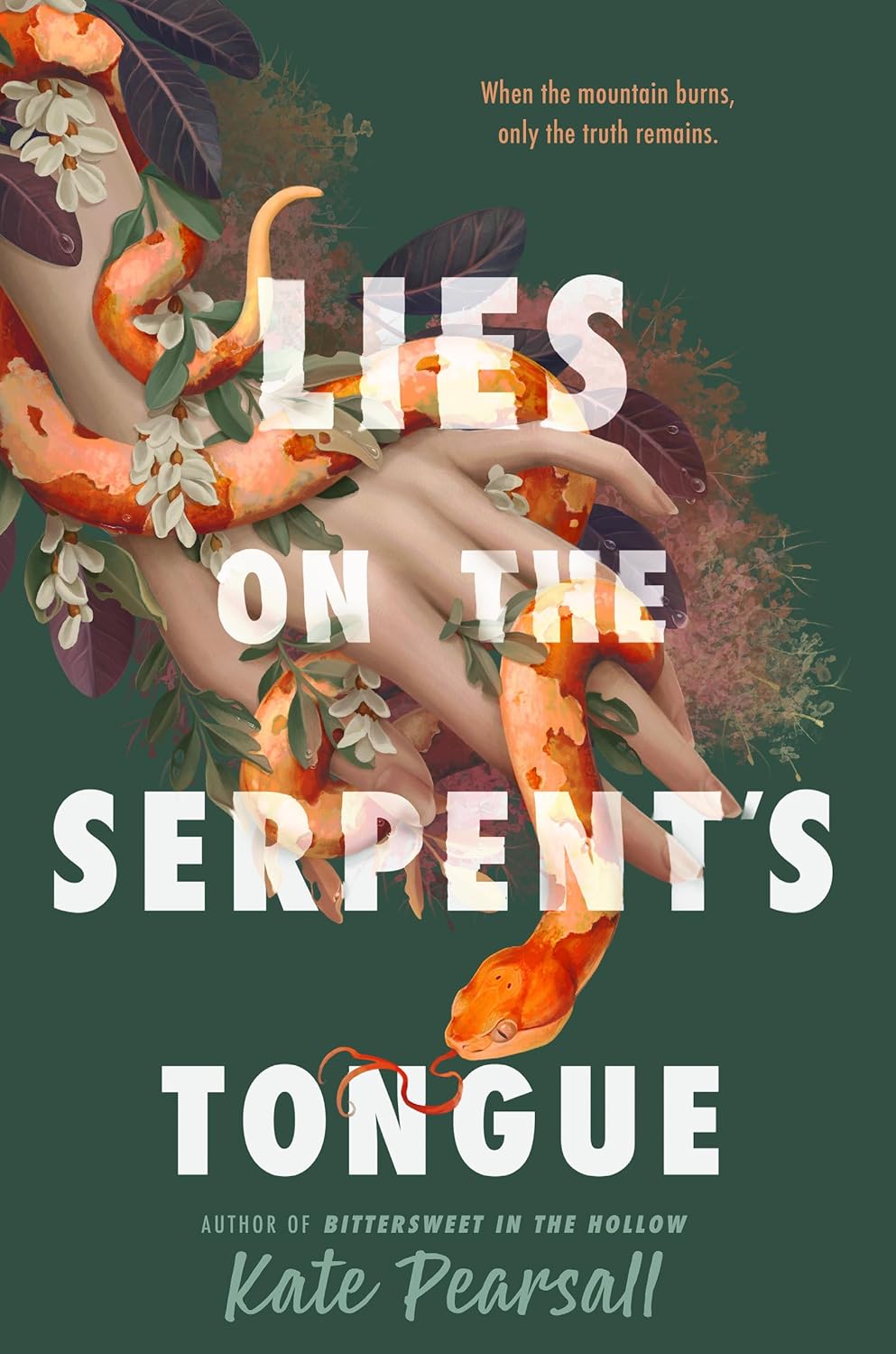 Image for "Lies on the Serpent's Tongue", a drawn hand with plants and an orange snake growing around it 