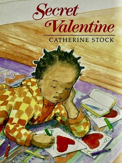 Image for "Secret Valentine" - an illustrated girl lying on the floor on her side creating paper valentines with white paper, red hearts, and crayons