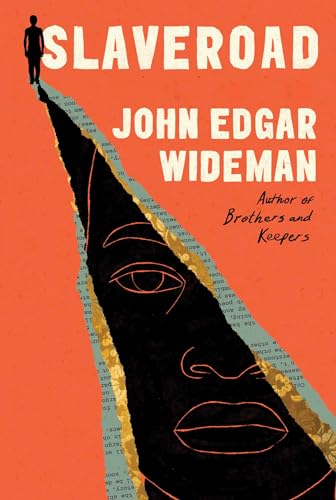 Image of Slave Road - a red cover with the effect of book pages ripped doubling as a path that someone in the distance is walking on - a drawn face is in the path