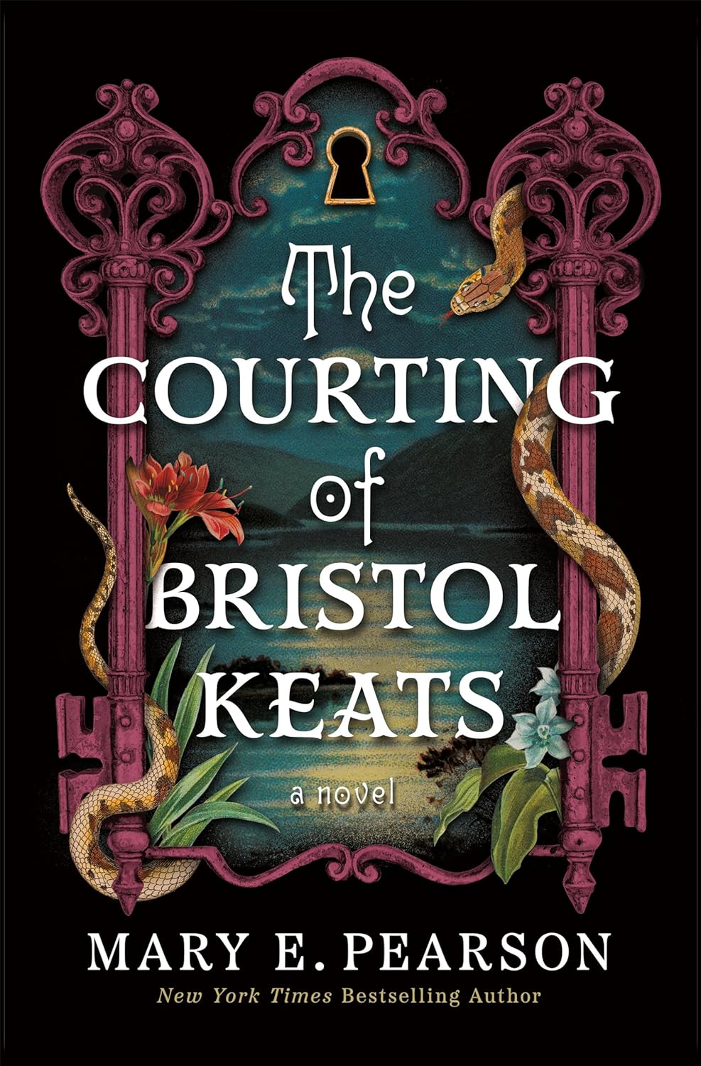 The Courting of Bristol Keats 2 old fashion keys that create a frame around an ocean illustration 