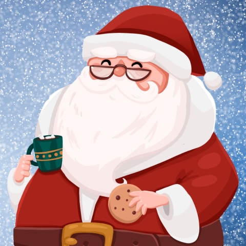 An illustrated Santa eating a cookie and drinking a coffee in the snow