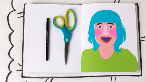 Illustrated self portrait with a pen and scissors