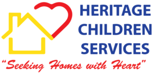 Heritage Children Services "Seeking Homes with Heart" - a line drawing of a yellow house with a red heart above it