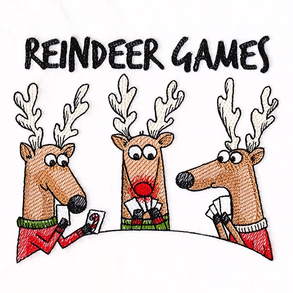 3 reindeers playing a card game 