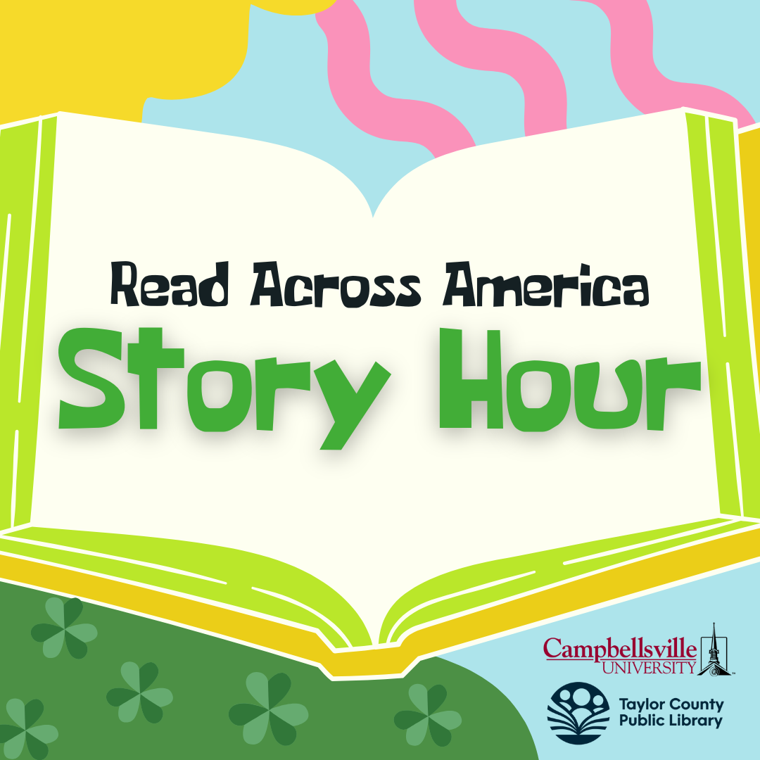 Read Across America Story Hour - a colorful background with an open, blank book