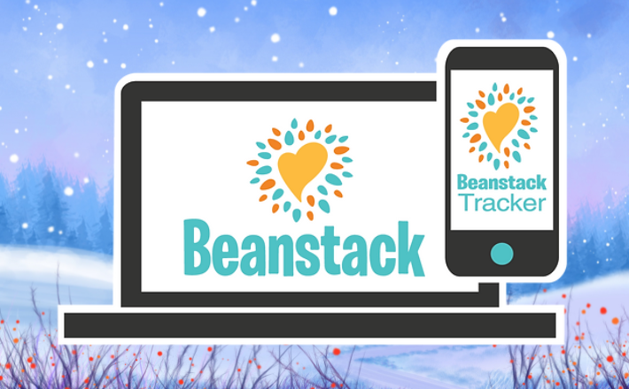 Winter Reading Challenge with snowy background and Beanstack logo