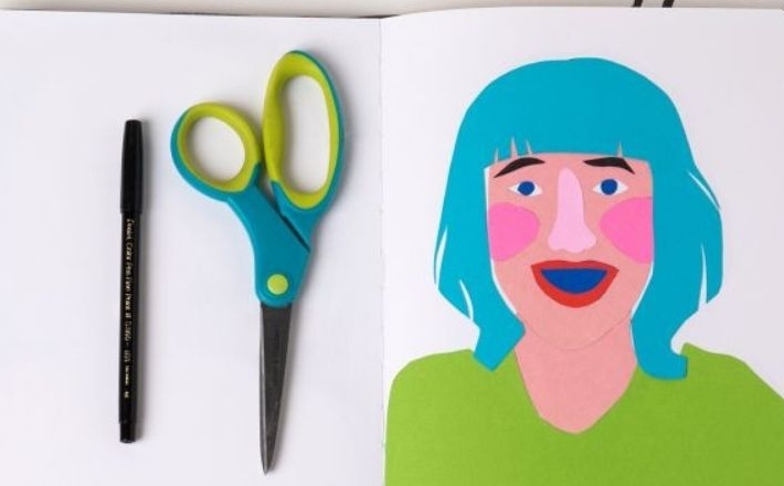 Creativebug Crafting with a colorful self portrait, scissors and a pen