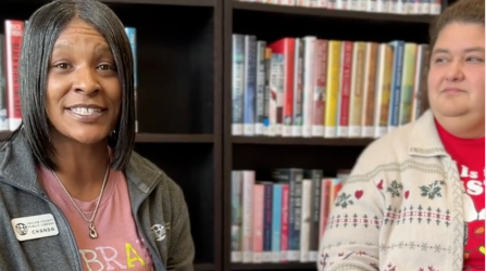 Chanda Calhoun and Sarah Hampton at the library remembering their years of service at TCPL